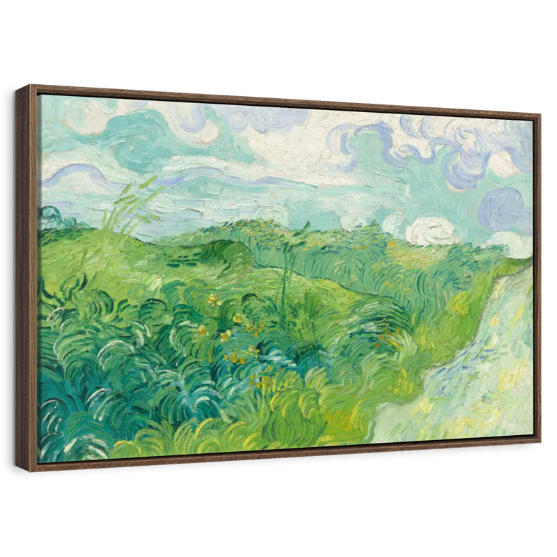 Champs de blé vert, Cadre flottant en noyer, 31 po x 21 po