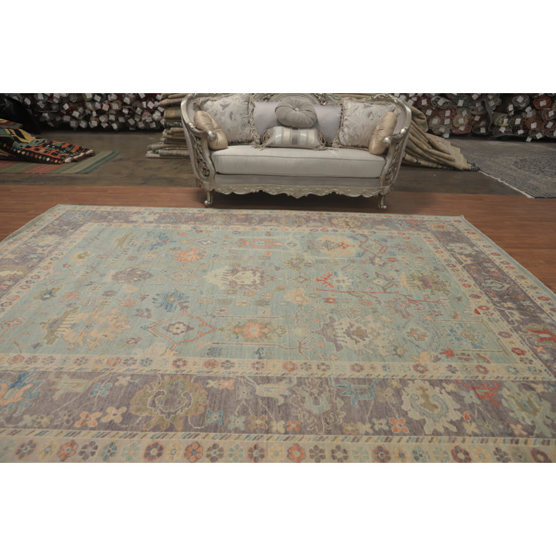 Tapis bleu clair à motif floral Oushak 9 x 12