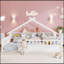 Lit double sur pied avec lumière, tablettes de rangement et forme de toit-129424223-129424224