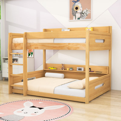 Queen Over Queen Wood Bunk Bed With Built-In Storage Shelves And Charging Stations