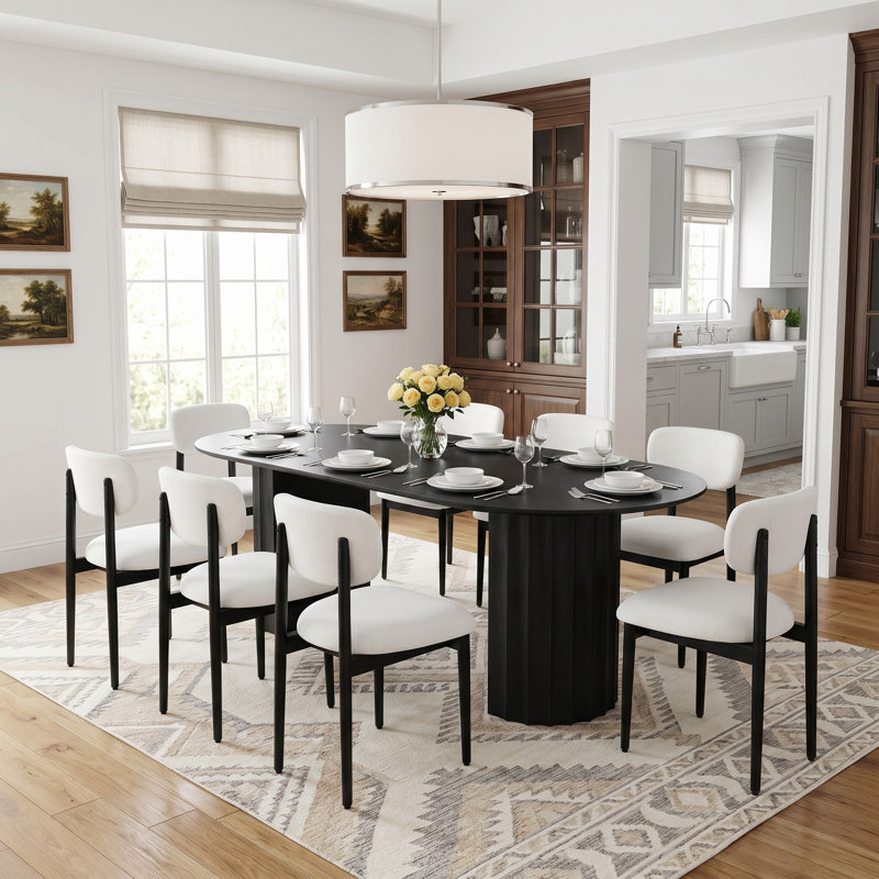 Table Ã  manger ovale moderne Ã  double pied central en bois, 79 po, avec piÃ¨tement en bois massif, pour 8 personnes, Noir