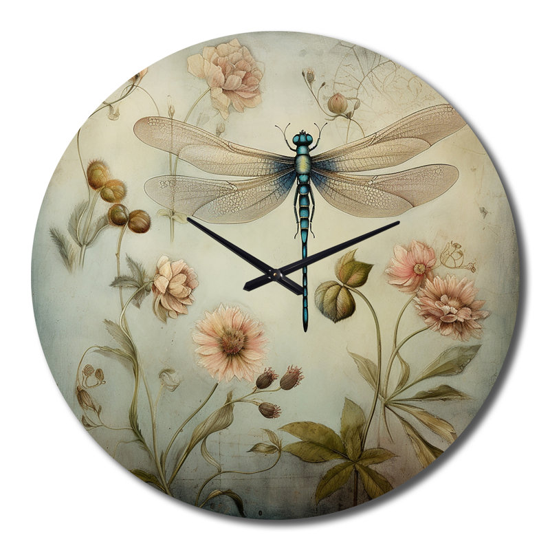 Horloge murale rétro en métal avec libellule volant II, Très grand