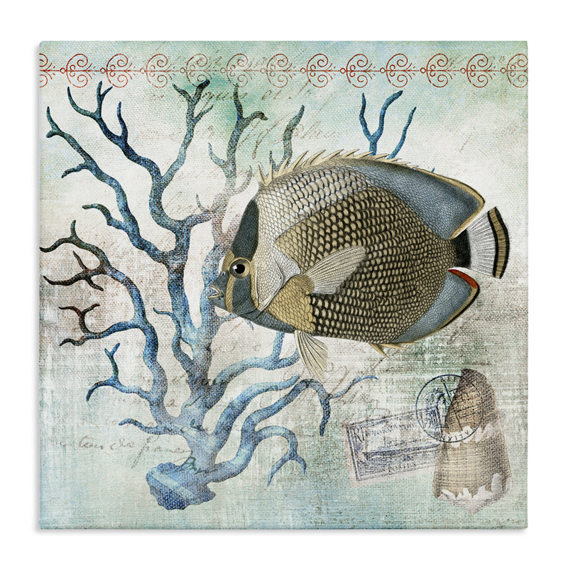 Art mural rétro sur toile et vie aquatique, conception par Susan Arnot, H 24 po x l 24 po