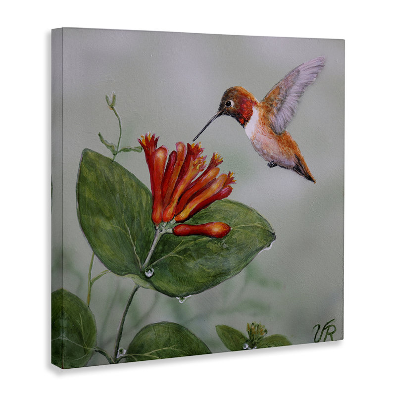  Art mural sur toile "Colibri rouge et fleur" par Valerie Rogers, H 30 po x l 30 po