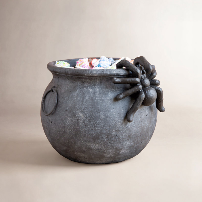 BLACK TERRACOTA HALLOWEEN CANDY CAULDRON WITH SPIDER