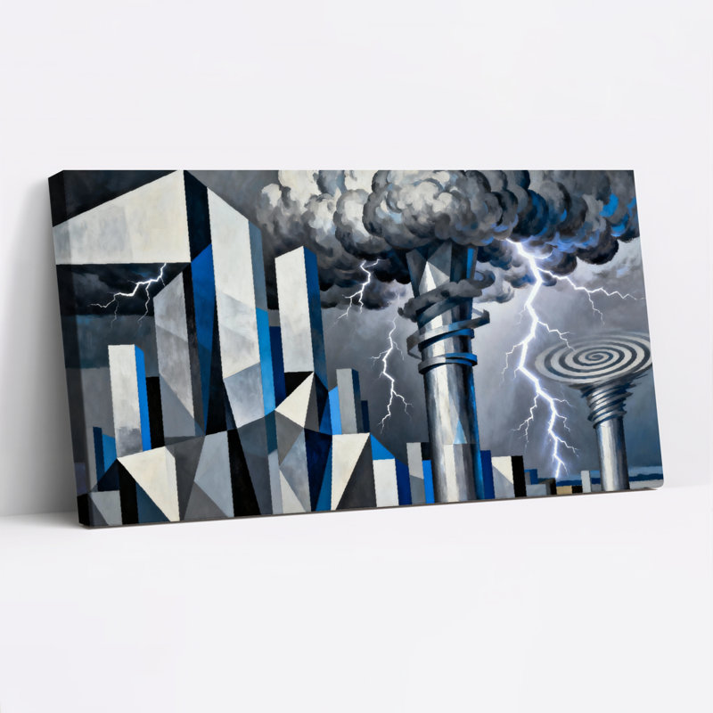 Tableau sur toile tendue représentant un paysage urbain géométrique avec éclairs et cheminées (lot de 1), H 12 po x l 36 po