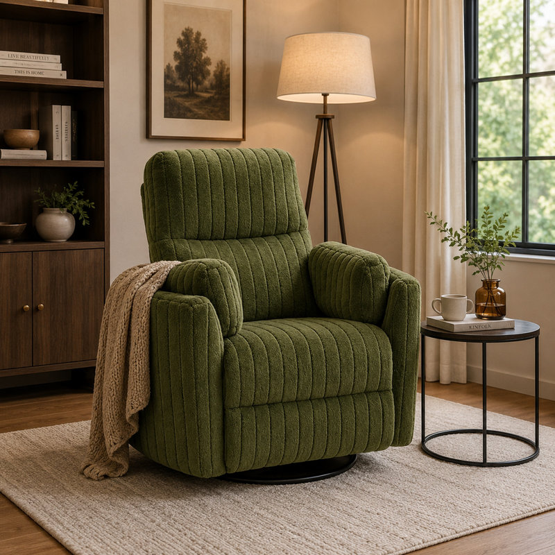 Fauteuil oscillant inclinable électrique Bela, bois d'eucalyptus, tissu vert, Green Polyester