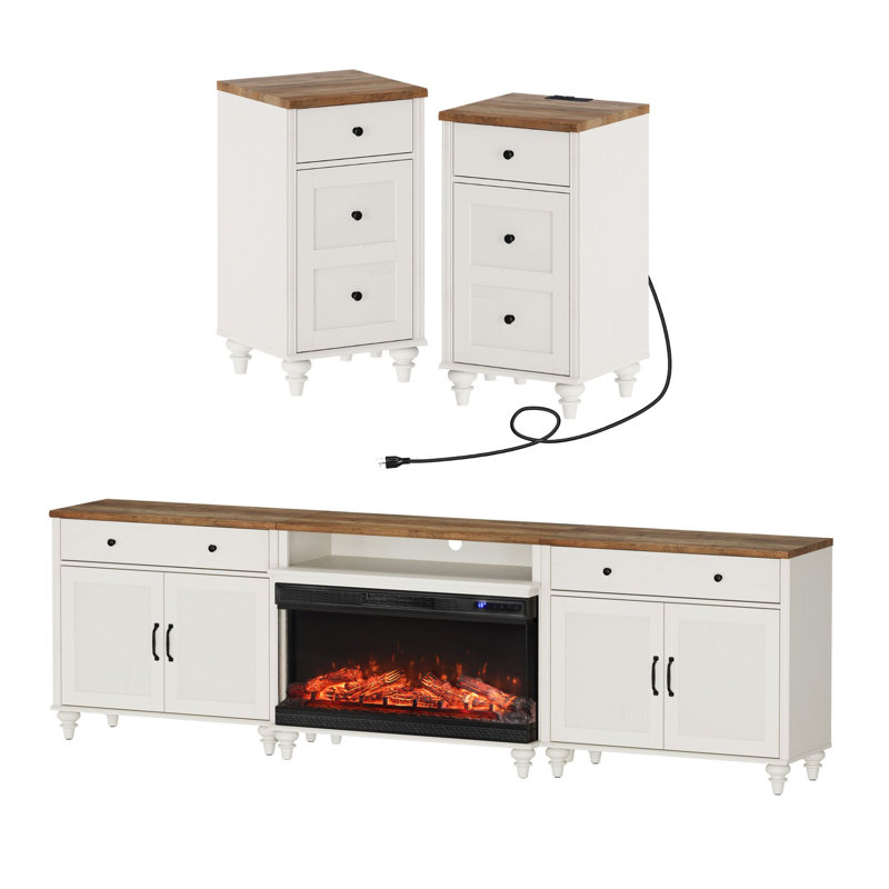 Ensemble de table de salon Farmhouse, meuble télé avec foyer 105 po et deux tables de bout, Blanc