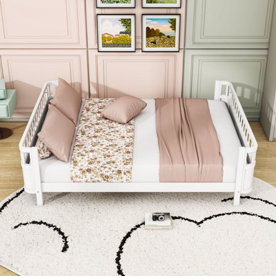 Queen Low Profile Wood Platform Bed with Removable Guardrail and Center Legs