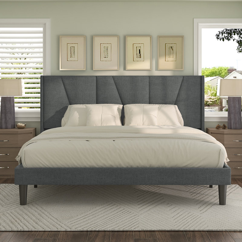 Mccreight Low Profile Platform Bed with Winged Headboard, No Box Spring Needed, Dark Gray, King
