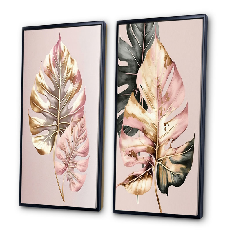 «Feuille», 2 pièces sur toile, Cadre noir, H 20 po x l 24 po