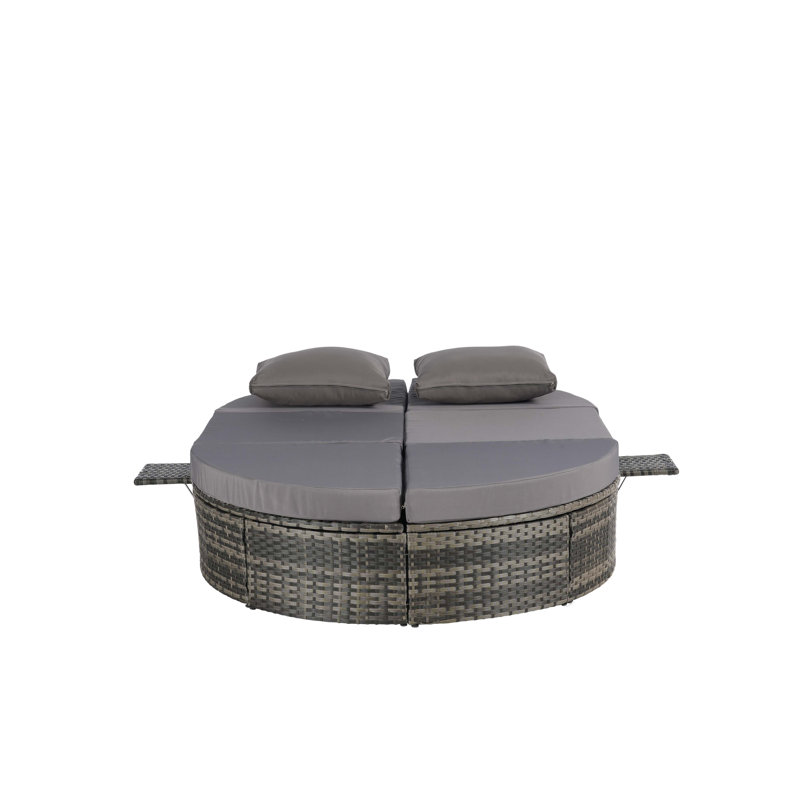 Outdoor Patio Daybed with Adjustable Backrests, Foldable Cup Trays, Ergonomic Wave Design, High-Density Cushions, and Weather-Resistant Galvanized Steel Frame.
