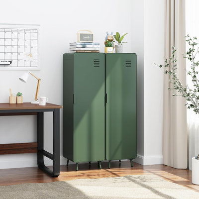 Armoire de rangement en métal avec porte, armoire d'appoint de style casier avec conception en acier ventilé moderne, organisateur autoportant pour entrée, chambre à coucher, salon, bureau, bleu poussiéreux, 1 porte