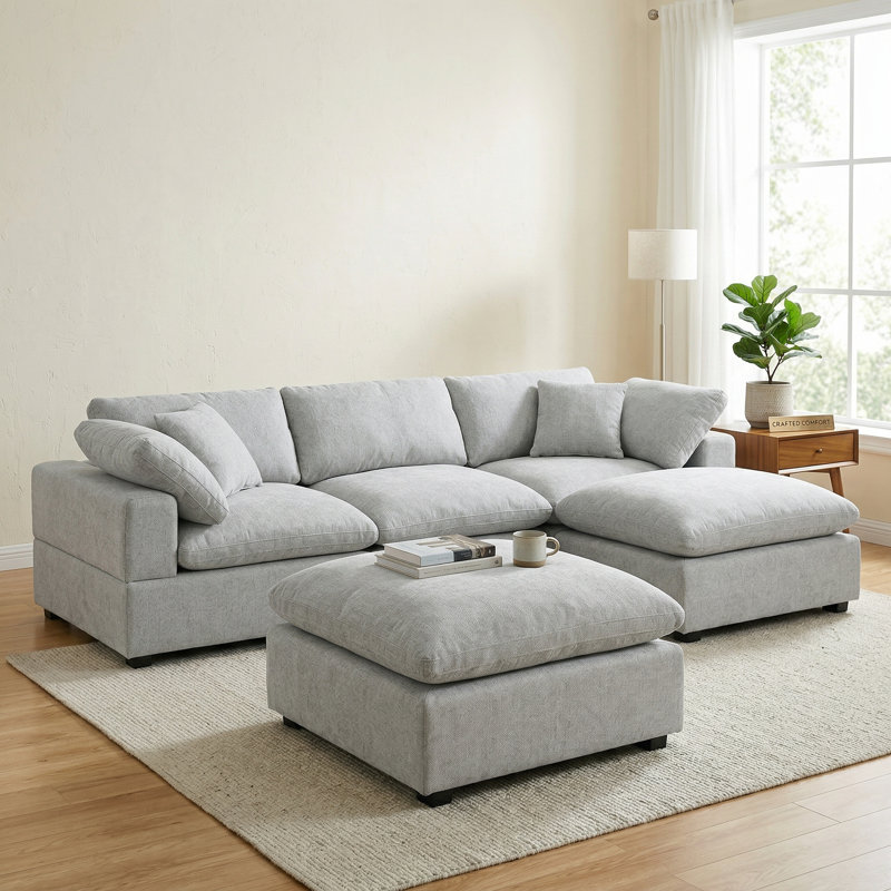 Canapé modulaire moelleux modulaire en chenille extra doux en forme de U avec repose-pieds et accoudoirs, Chenille gris pâle