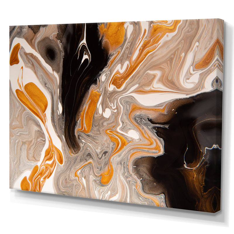 Orange et vagues de marbre noir III - peinture sur toile, H 34 po x l 44 po x P 1,5 po, Toile tendue
