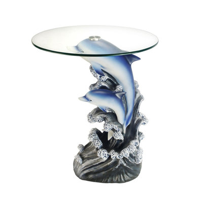 24" Tall Glass Top End Table, Polyresin Dolphin Base