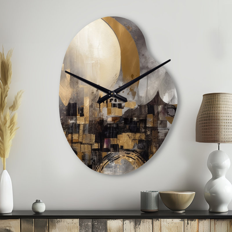 Exploration de la lune dorée évolutive I - Horloge murale paysage asymétrique en métal, impression d'horloge murale de forme unique traditionnelle