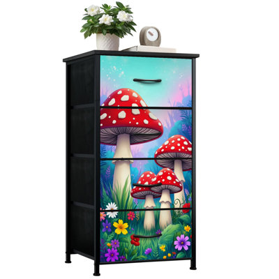 Commode pour chambre à coucher avec 4 tiroirs de rangement Champignons fantaisies rouges et blancs Coloré jardin de fantaisie Commode botanique Commode en tissu avec cadre en acier pour vestibule