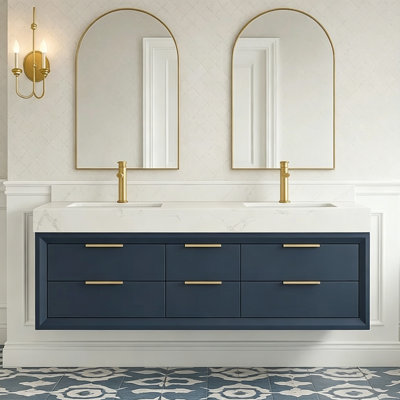 60" Wall-Mounted Double Bathroom Vanity with Engineered Stone Top, 6 Soft-Close Drawers & LED Underglow – Solid Oak Frame, Gold Accents, 4 Premium Finish Options
