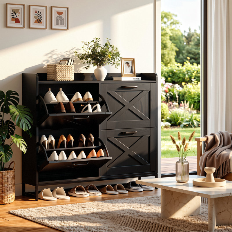 Armoire de rangement pour chaussures 24 paires avec 4 tiroirs rabattables et tablettes réglables, organisateur de chaussures multifonctionnel pour l'entrée, espace étroit