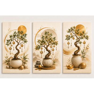 Très grand ensemble de 3 Feng Shui chinois, arbre d'argent prospère, décoration dorée, impression sur toile 24 x 36 Wealth Feng Shui Decor salon décor à la maison - prêt à être accroché