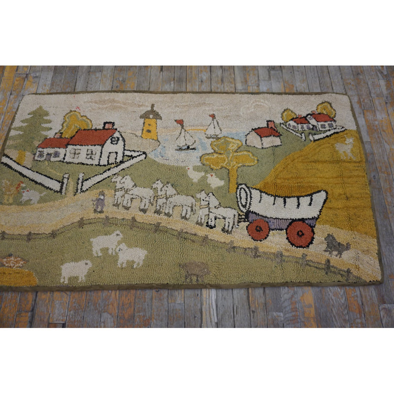 Small Antique American Folk Art Prairie Town Farm Animal Scene Hooked Rug