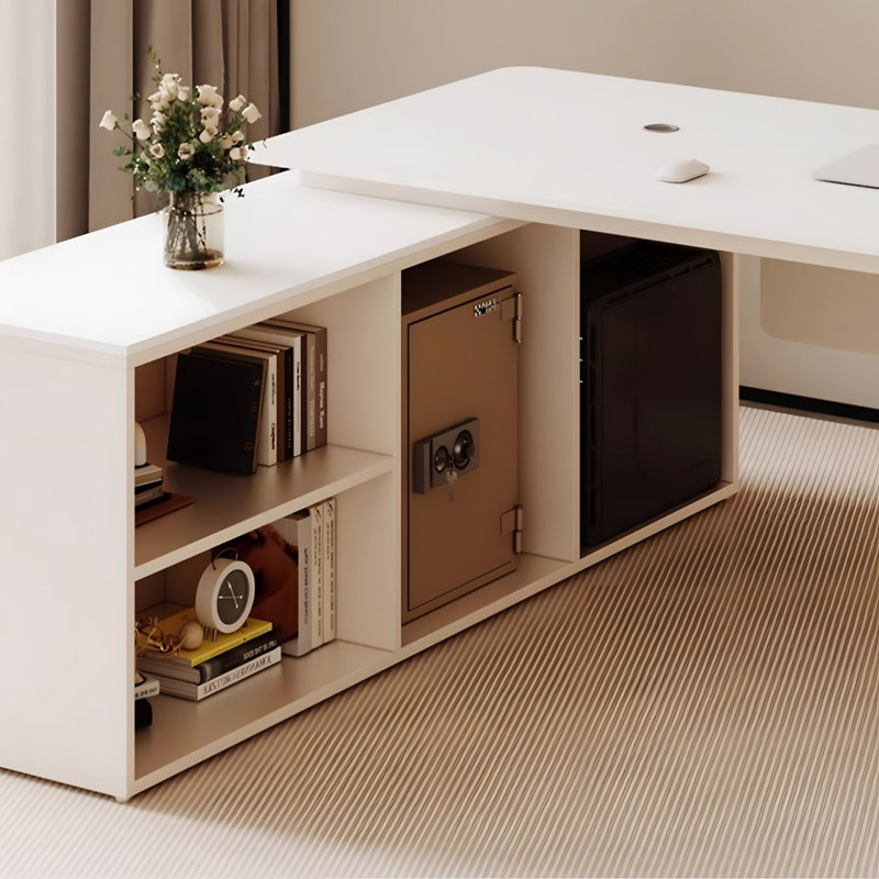 Bureau de luxe en pierre frittée blanche avec armoires de rangement, H 29,53 po x l 62,99 po x P 62,99 po