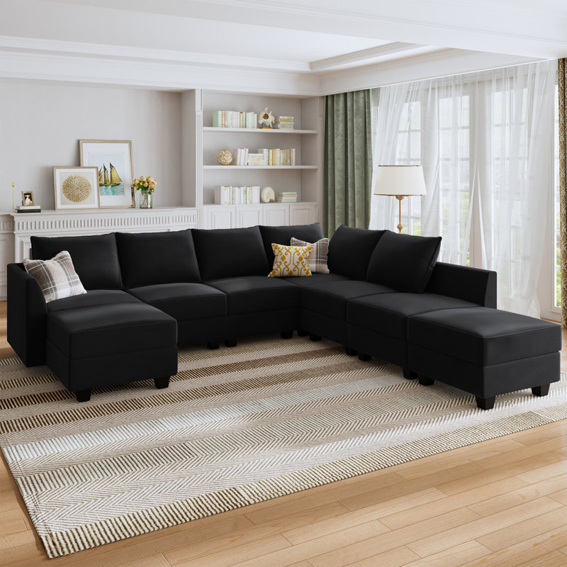 Tremee U Shaped Modular Velvet Sectional Couch, Black Velvet