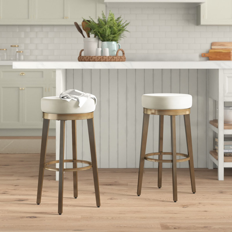 Gadberry Swivel Bar Stool, White, Gold, 30.5"