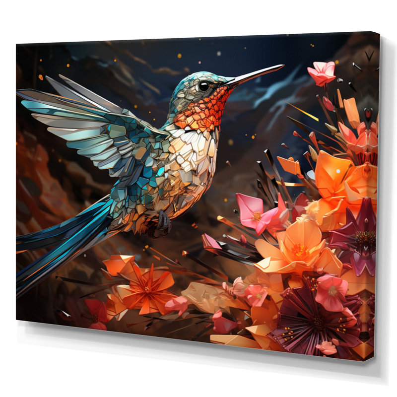 Colibri bleu sarcelle «Enchanting Hum Geometric II», impressions sur toile, H 24 po x l 32 po x P 1 po, Toile tendue