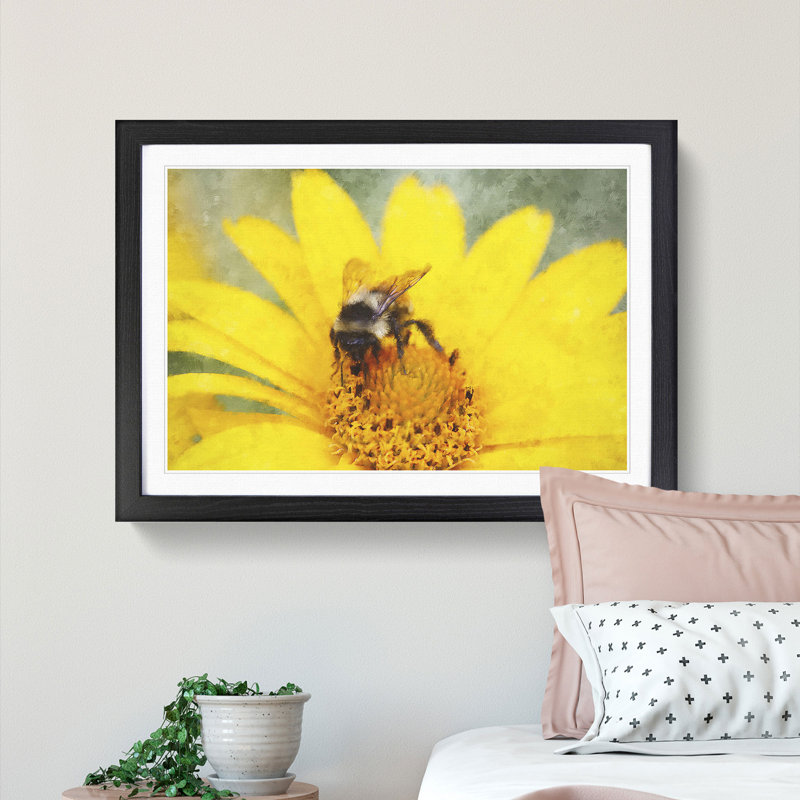 Bee Collecting Pollen - Single Picture Frame Painting on MDF, Black, 45cm H x 63cm W x 2cm D