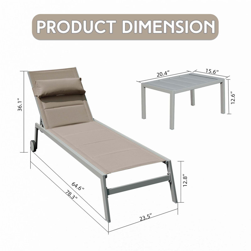 Outdoor Patio Chaise Lounge Set Of 3, Aluminum Pool Lounge Chairs With And Wheels, Textilene Padded Adjustable Recliner