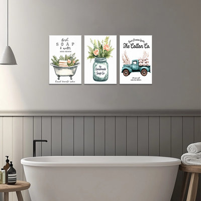 GUTTATY 3 pièces - décoration murale de salle de bain de ferme - nature morte, art mural sur toile, photos florales rustiques pour décor de salle de bain champêtre
