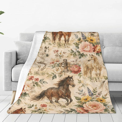 Couverture en flanelle vintage à motif de chevaux western, chaude et confortable, 101,6 x 127 cm (40 x 50 pouces).