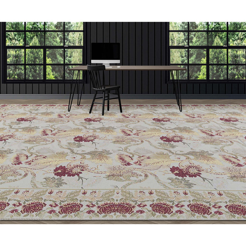 Milano Savonile Azm Wool Floral Area Rug in Ivory/Red, Rectangle 10'2" x 14'2"