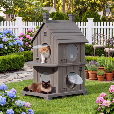 Maison pour chat résistante aux intempéries avec plancher surélevé et évents d'aération - Abri intérieur extérieur en résine PP avec porche