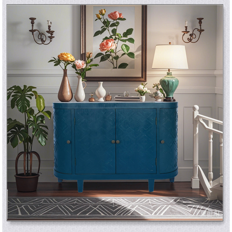 Armoire de rangement ovale 47 po avec 4 portes, accent cannelé et bord arrondi, porte coulissante, crédence autoportante pour le salon et la cuisine