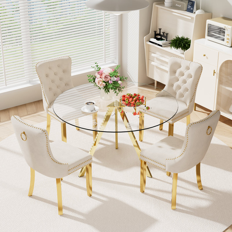 5-Piece Pedestal Gold Dining Set, Beige, 30" H x 47" W x 47" D