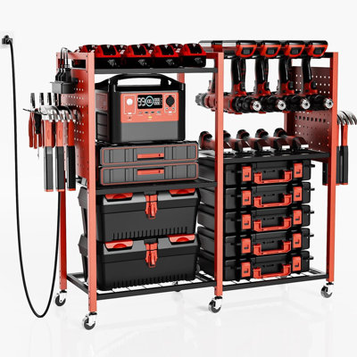  Organisateur d'outils électriques avec station de charge, chariot à outils roulant sur roulettes avec 12 supports de perceuses, 5 tablettes de rangement, boîte à outils avec support à batterie et multiprise pour garage, atelier, (rouge)
