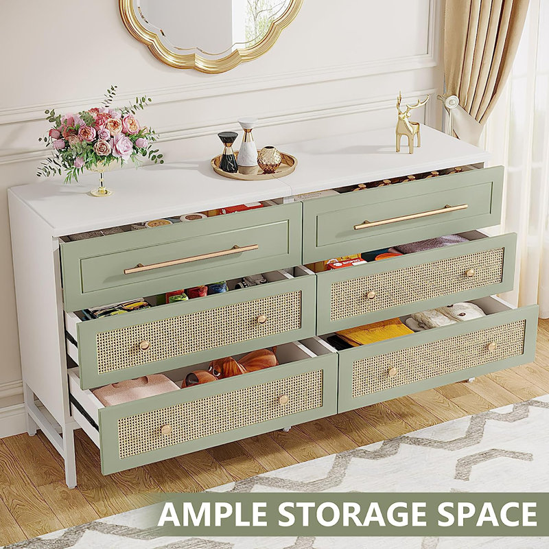 Commode à six tiroirs, Vert / Naturel