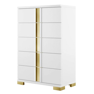 Yoki Tall Dresser Chest, 5 Drawers, Modern Glam White And Gold