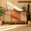 Rattan Sideboard Cabinet for Living Room, Chest of Drawers, Sideboard with 2 Doors and 3 Drawers, Adjustable Shelf, Walnut -90H/150W/40D cm