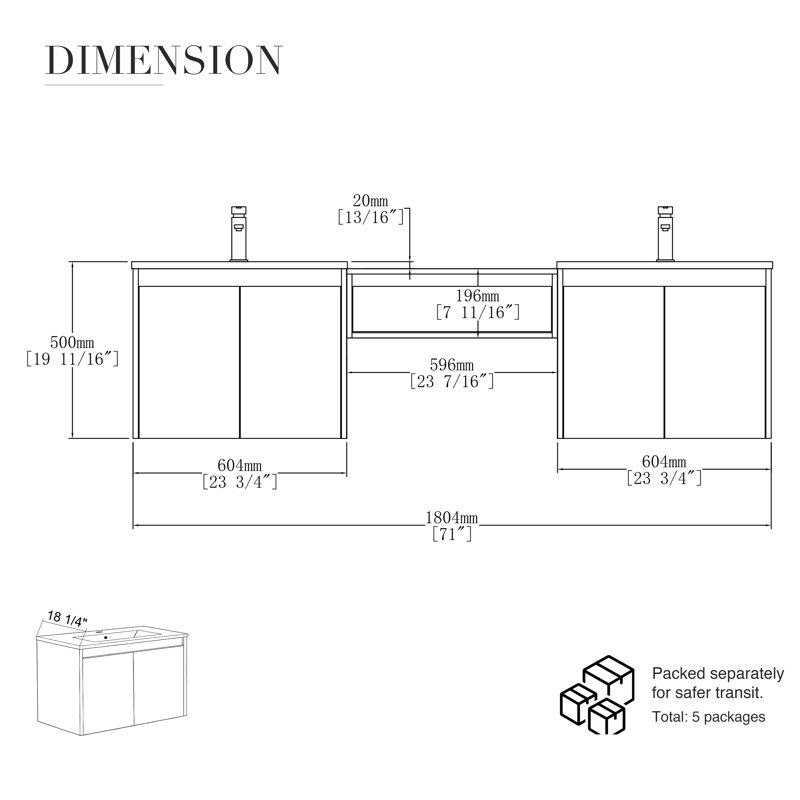 Meuble-lavabo double 72 po avec lavabo à maquillage, lavabo en céramique et conception sans poignée 72 po, Frêne, 72"