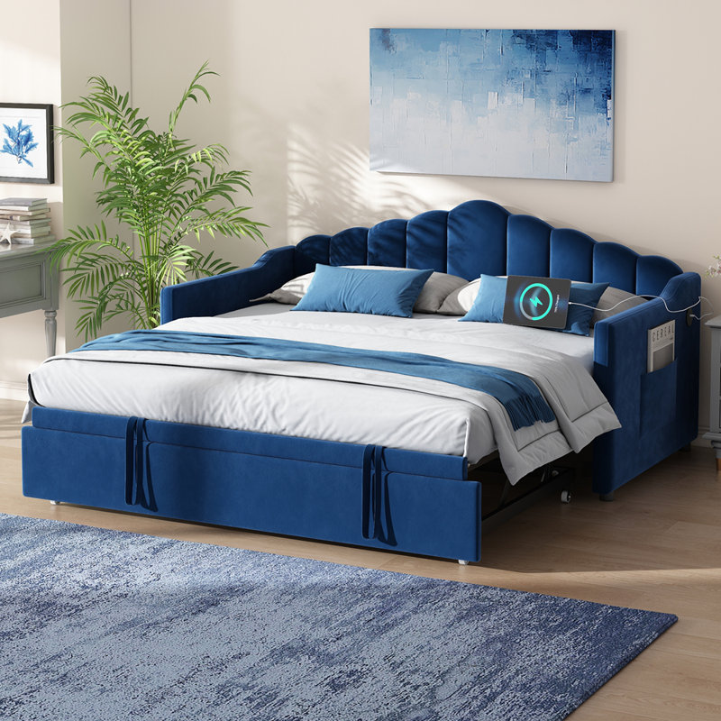 Upholstered Twin Size Daybed with Adjustable Height Pop Up Trundle Twin Bed and USB & Type-C Charging Port, Day Bed Frame with 2 Side Pockets, No Box-Spring Needed