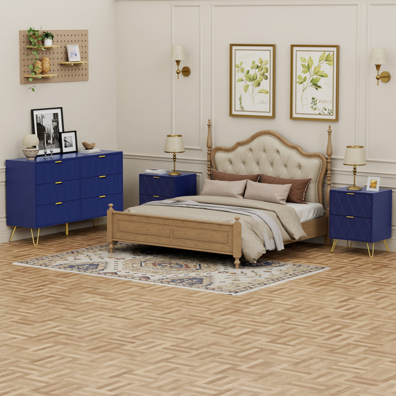 Ensemble de commode pour chambre à coucher 6 tiroirs l 47,2 po avec 2 tables de chevet, Bleu marine