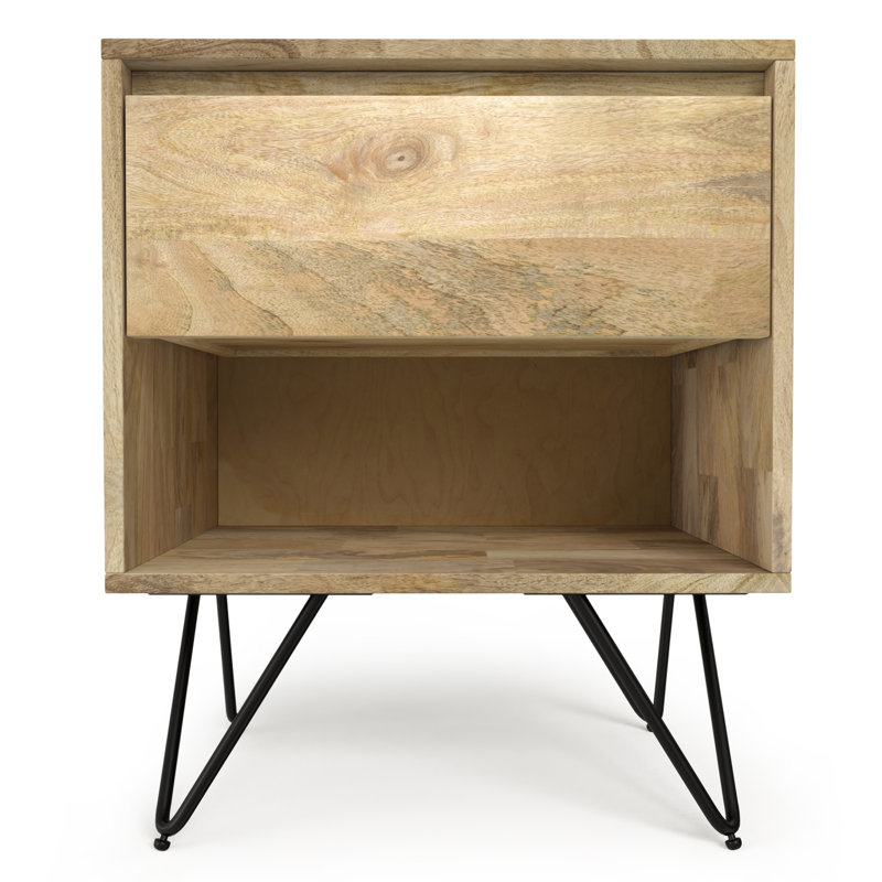 Table de chevet industrielle en bois massif l 20 po avec 1 tiroir, rangement ouvert et pieds en épingle à cheveux Hunter