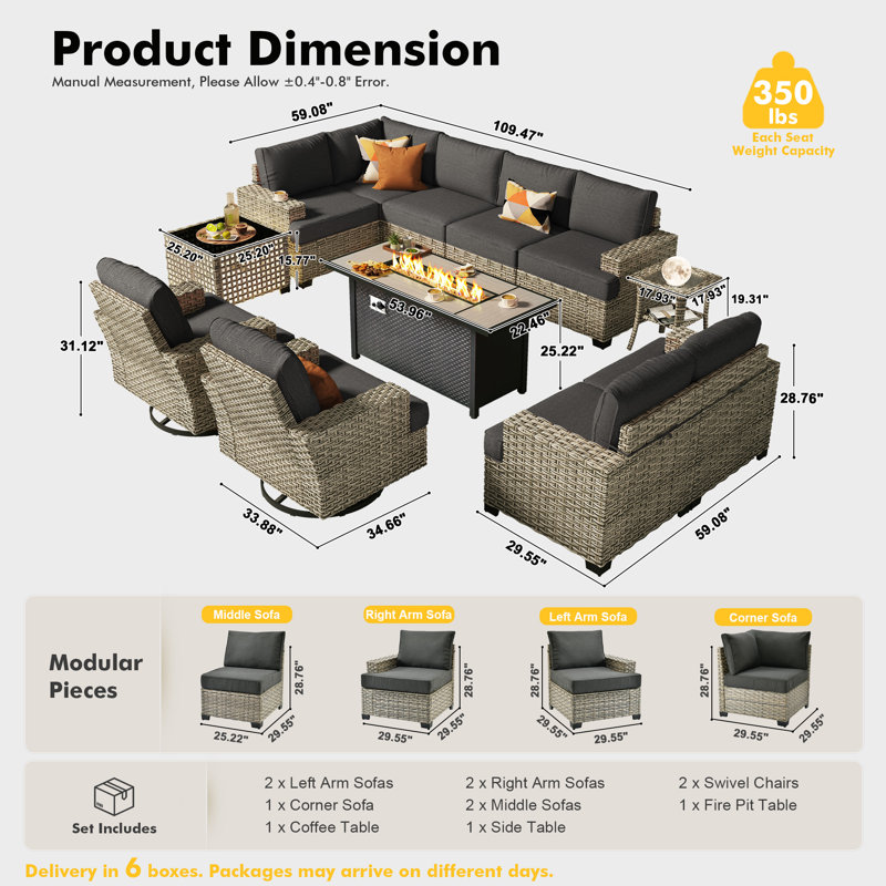 Tommy Wicker 9-person Modular Outdoor Sectional Seating Group With Swivel Chairs And Cushions, Patio Conversation Set With Fire Pit Table