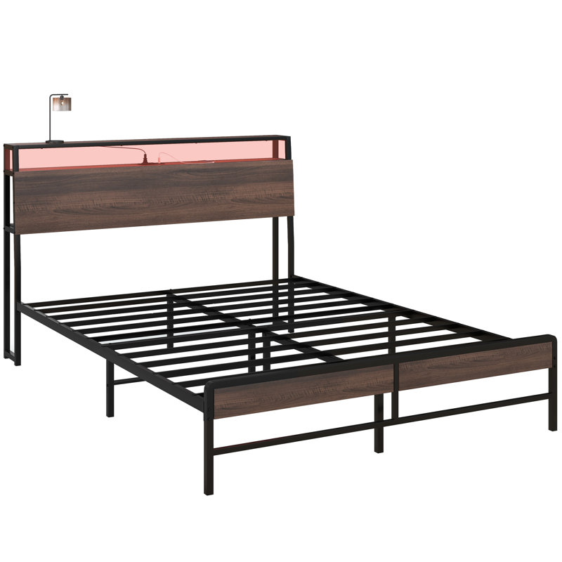 Base de lit grand avec tête de lit HOMcom, base de lit plateforme avec lumières DEL, station de charge, tablette de rangement à 3 niveaux, lattes en acier, assemblage facile et silencieux, sans sommier, noyer