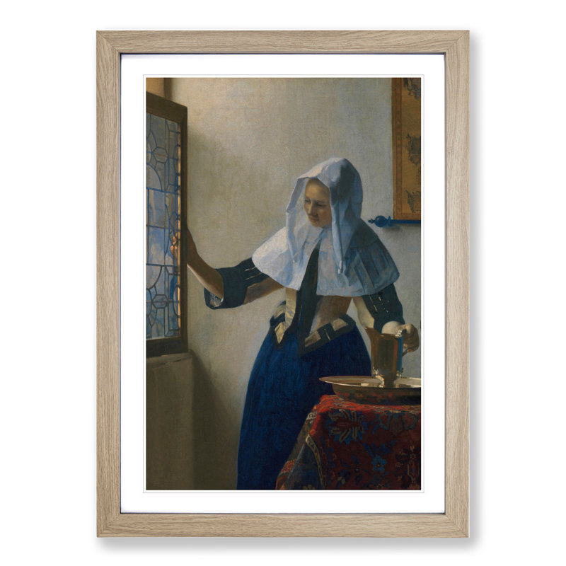 Young Woman with a Water Pitcher by Johannes Vermeer - Picture Frame Painting, 48cm H x 36cm W x 2cm D, Oak