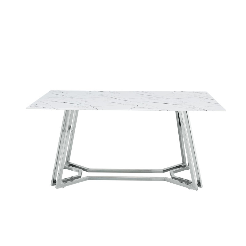 Skrolan Rectangular Glass Top Dining Table, White, Silver